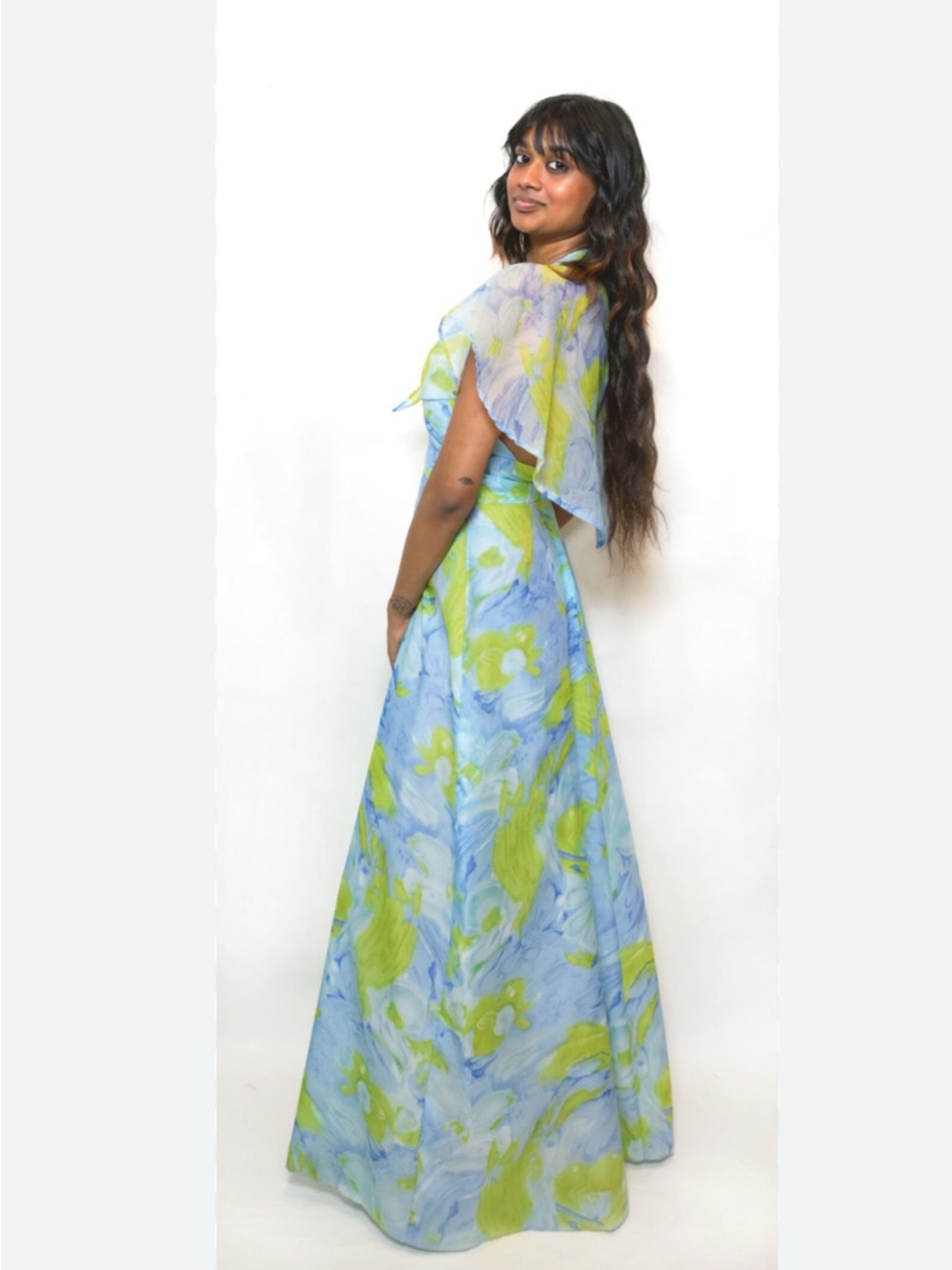 1970s Maxi Halter Dress Crepe Chiffon Dress with Cape